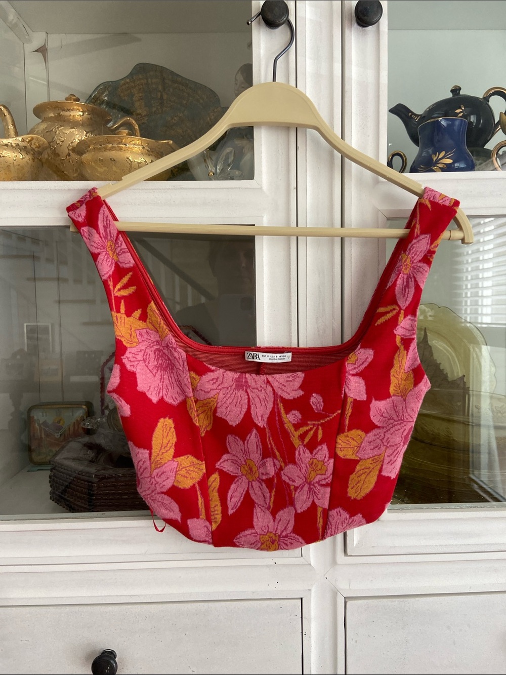 Zara Red Floral Cropped Tank with Pink & Yellow Flowers